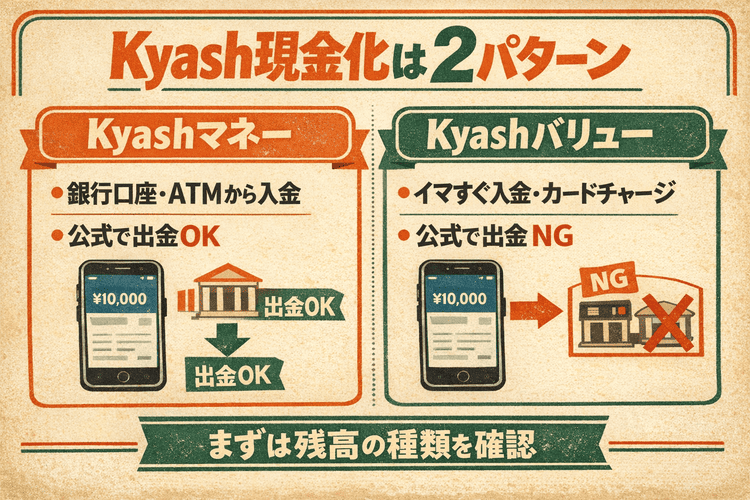 Kyashマネーは公式出金可能、Kyashバリューは公式出金不可と比較したインフォグラフィック