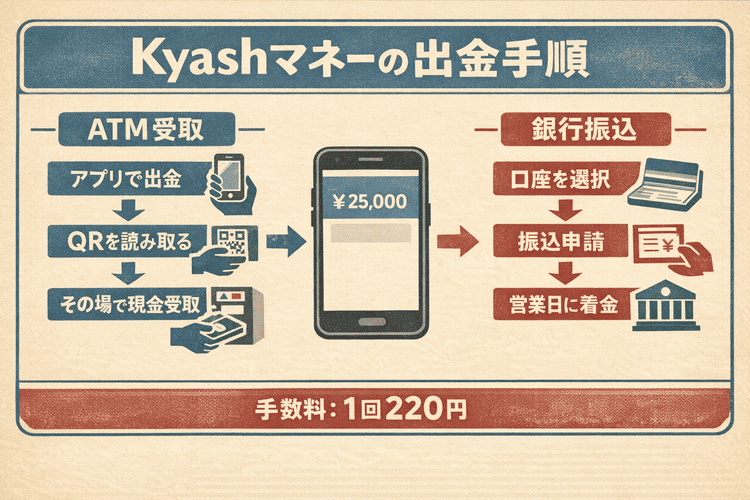 KyashマネーをATM受取または銀行振込で出金する流れを示したフローチャート