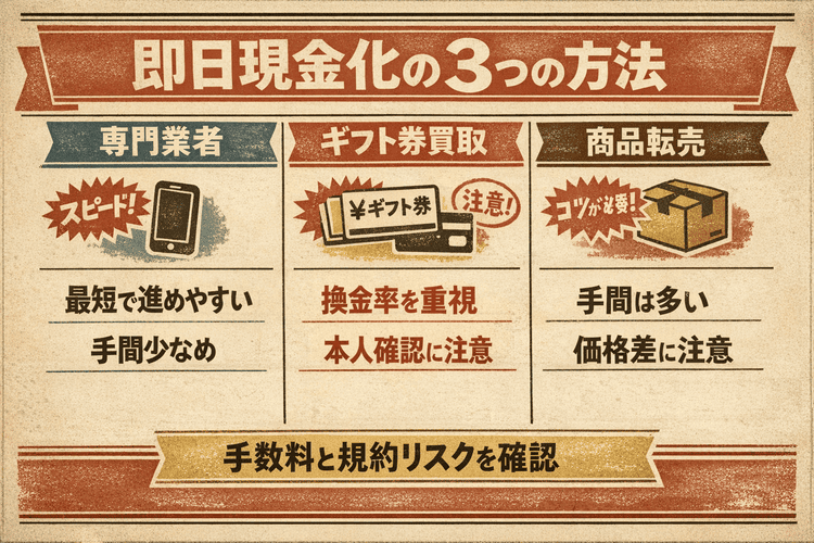 専門業者、ギフト券買取、商品転売の3つを比較したKyash現金化方法