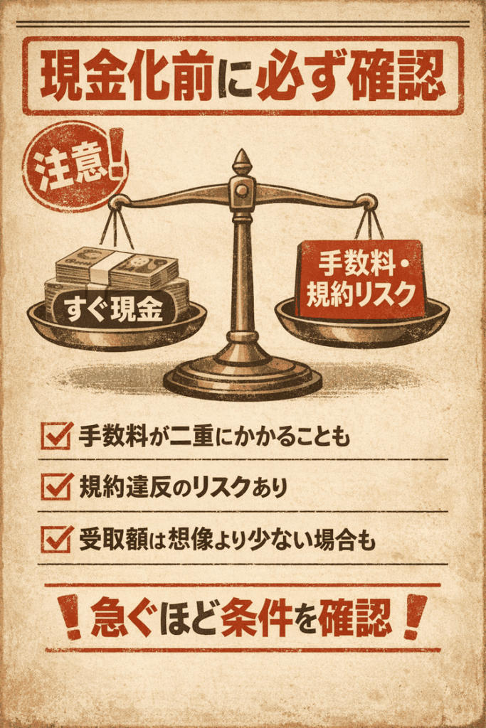 Kyash現金化の前に手数料負担と規約違反リスクを確認すべきことを伝える警告画像